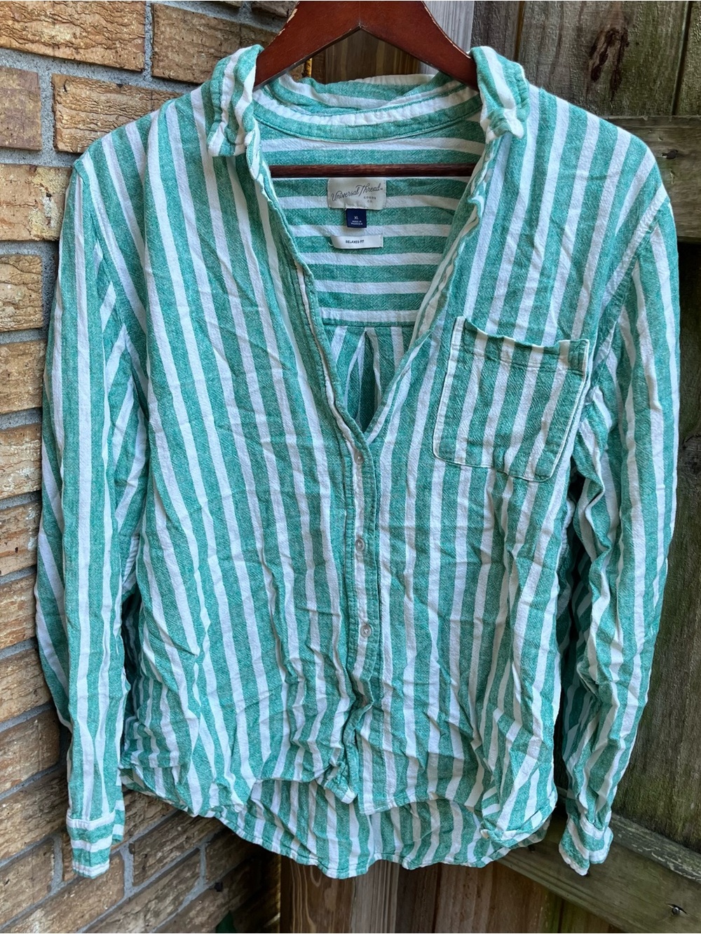 Universal Thread Green and White Striped Button-Down Shirt